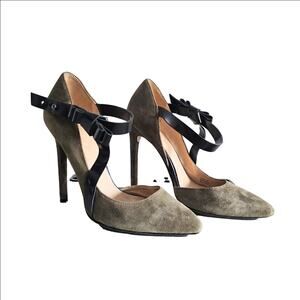 L.A.M.B Suede Leather Olive Green Black Bow Stiletto Heels Size 8.5